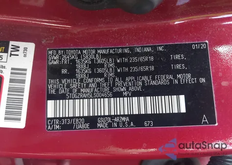 2020 Toyota Highlander Xle из США, поврежденный, VIN 5TDGZRAH5LS004656